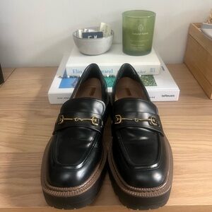 Sam Edelman Black Leather Loafers with Gold Buckle